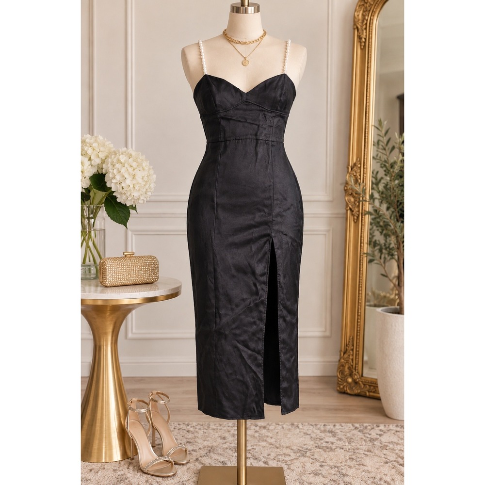 Zara Black Satin Midi Dress Pearl Straps Front Slit Sweetheart Neckline Size M